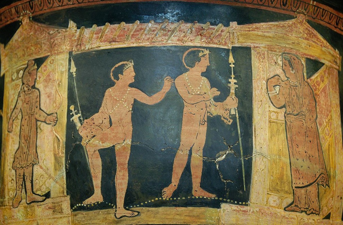 Orestes and Pylades in Tauris. Detail from a Campanian red-figure krater, ca. 330 BC–320 BCE. From Italy.