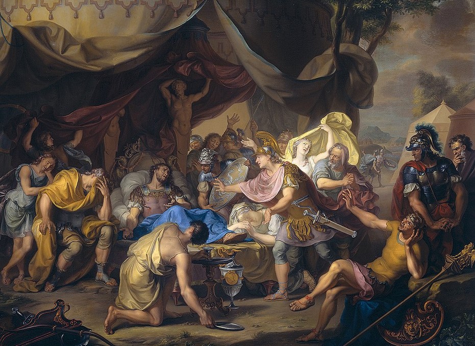 The death bed of Epaminondas, commander of the Theban army in the battle against Sparta. Epaminondas was mortally wounded by a Spartan, and died shortly thereafter.