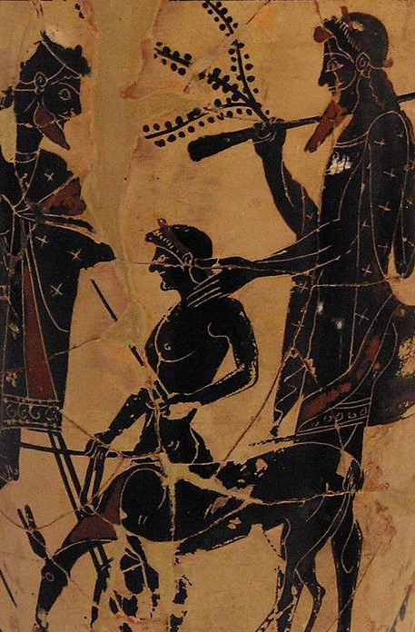 Achilles was a demigod, son of the mortal Peleus, king of the Myrmidons of Phtia (in the south-east of Thessaly) and of the nereid Thetis. - Peleus (left) entrusts his son Achilles (centre) to Centaur Chiron (right). White-ground black-figured lekythos by the Edinburgh Painter, ca. 500 BC. From Eretria. National Archaeological Museum in Athens, 1150.