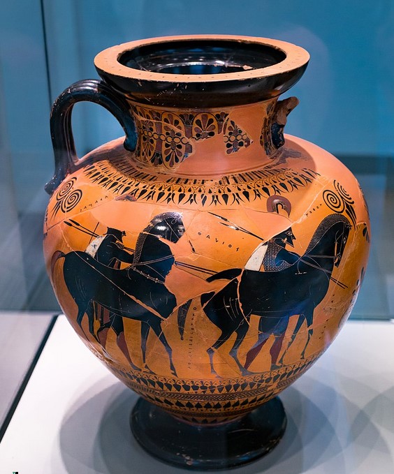 Akamas and Demophon with their horses, attic Halsamphora, signed as potter and painter of Exekias, around 540 BCE; production place: Athens; findspot: Vulci , Italy;  Collection of Antiquities Berlin/Altes Museum