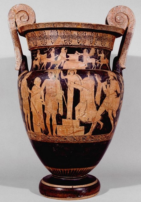 Attic red-figure volute krater with scenes from war of Troy - from Bologna, Arnoaldi necropolis, tomb 88; 475–465 BCE; Painter of the Niobides.