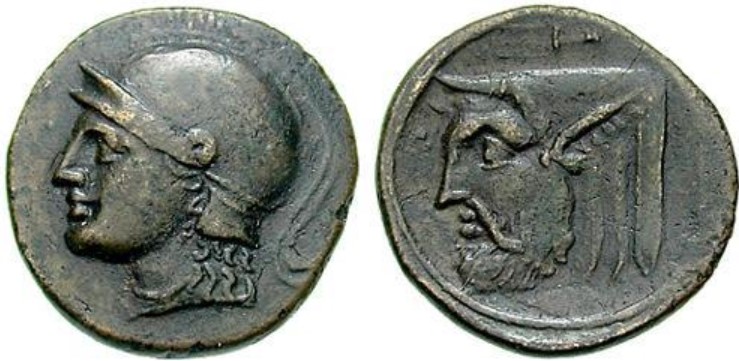 Ancient Coin of Akarnania Greece. Akarnania, Federal Coinage. Circa 300-167 BC. Æ 21mm. Helmeted head of Athena left / Head of a man-headed bull (Achelous) left; trident above. SNG Copenhagen 423-424.