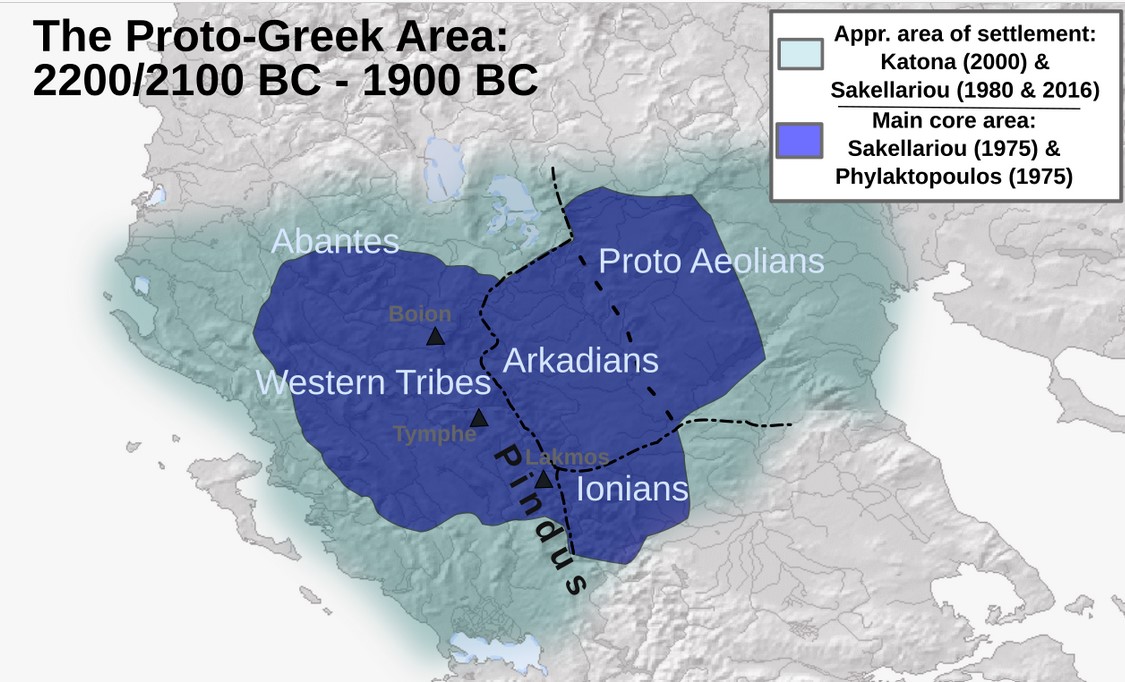 Proto-Greek area of settlement (2200/2100-1900 B.C.) suggested by Katona (2000), Sakellariou (2016, 1980, 1975) and Phylaktopoulos (1975)