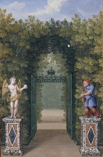 A painting shows entrance of the labyrinth, with the statues of Cupid (left) and Aesop (right)