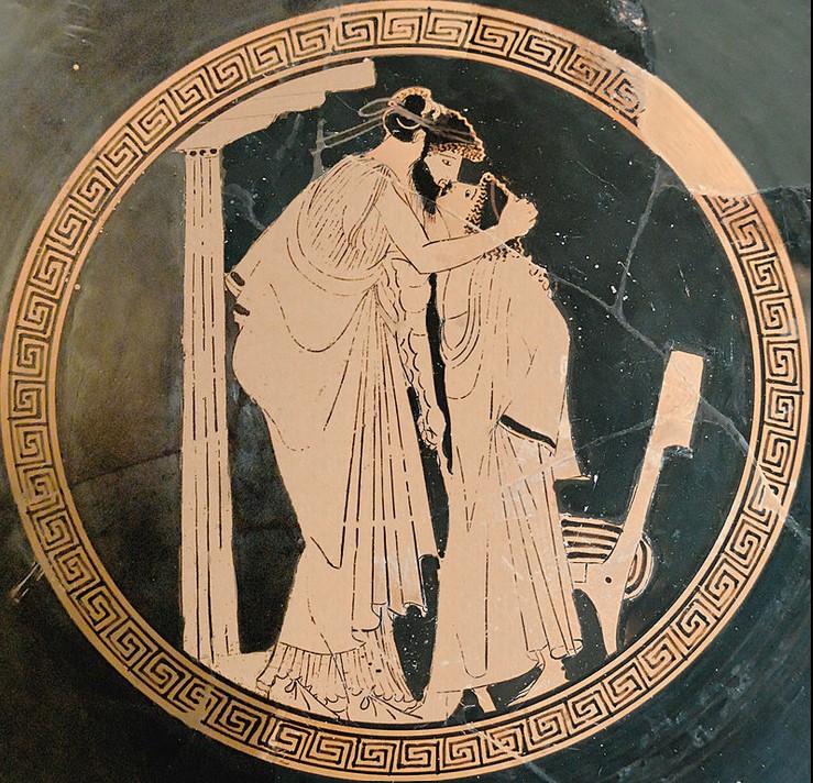 Erastes (lover) and eromenos (beloved) kissing. Interior of an Attic red-figured cup. Around 480 BCE. Louvre Museum