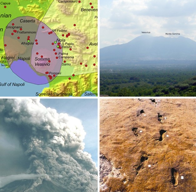 Thousands of footprints in the surge ash deposit of the Avellino eruption (3460 BP ca.-(+/-65 yrs, carbon-dated)) testify to an en masse exodus from the devastated zone. Mount Somma is a mountain relief, part of the volcanic complex called Somma-Vesuvio.