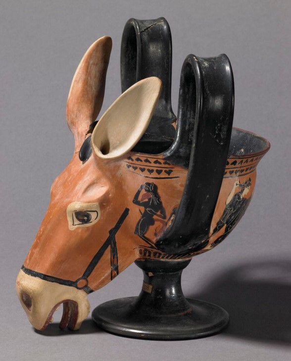 Kantharos with Donkey-Head Attachment. Greek, Attica, c. 520-500 BCE. Black-Figure Pottery. British Museum, London