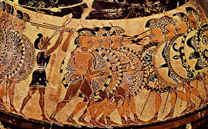 Greek hoplite battle - Chigi Vase with Hoplites holding javelins and spears, c. 640 BCE - The Etruscan Museum Villa Giulia, Rome