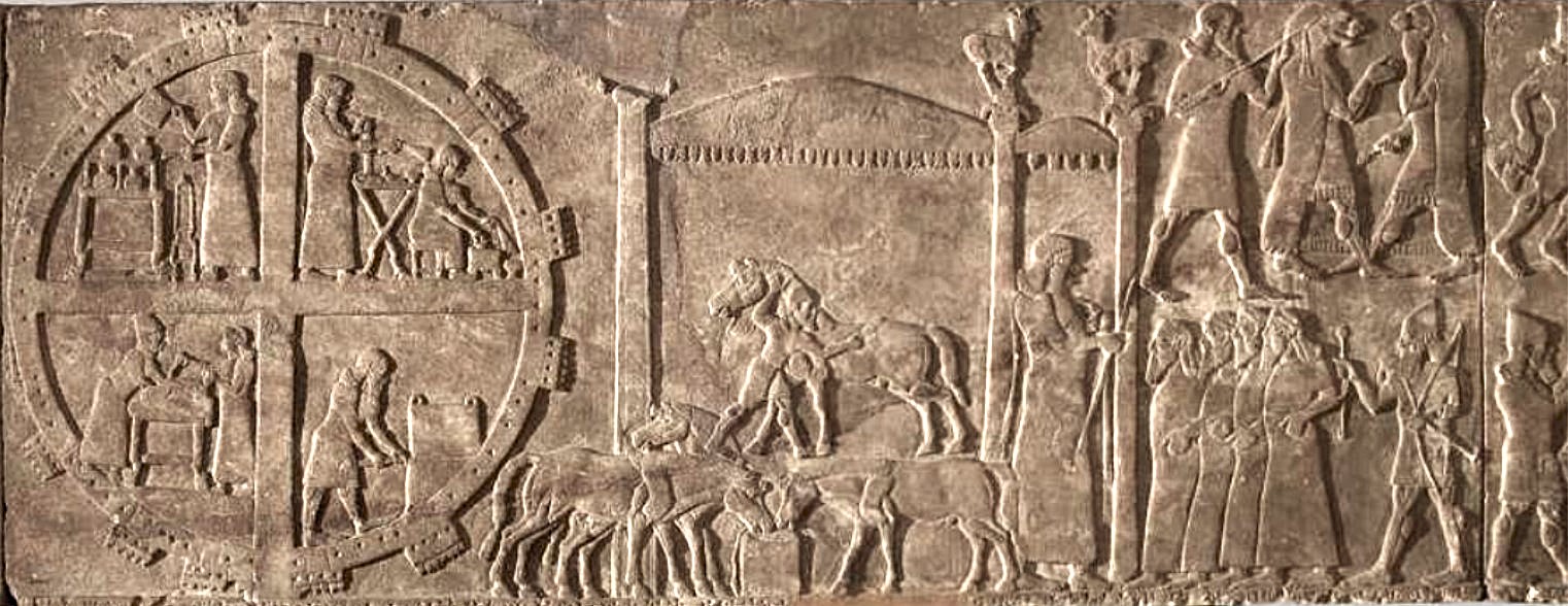 Assyrian wall relief depicting a circular fortified military camp, 865-860 BC, ruler of Ashurnasirpal II. From Nimrud, North-West Palace, Iraq. Today at  British Museum, London.