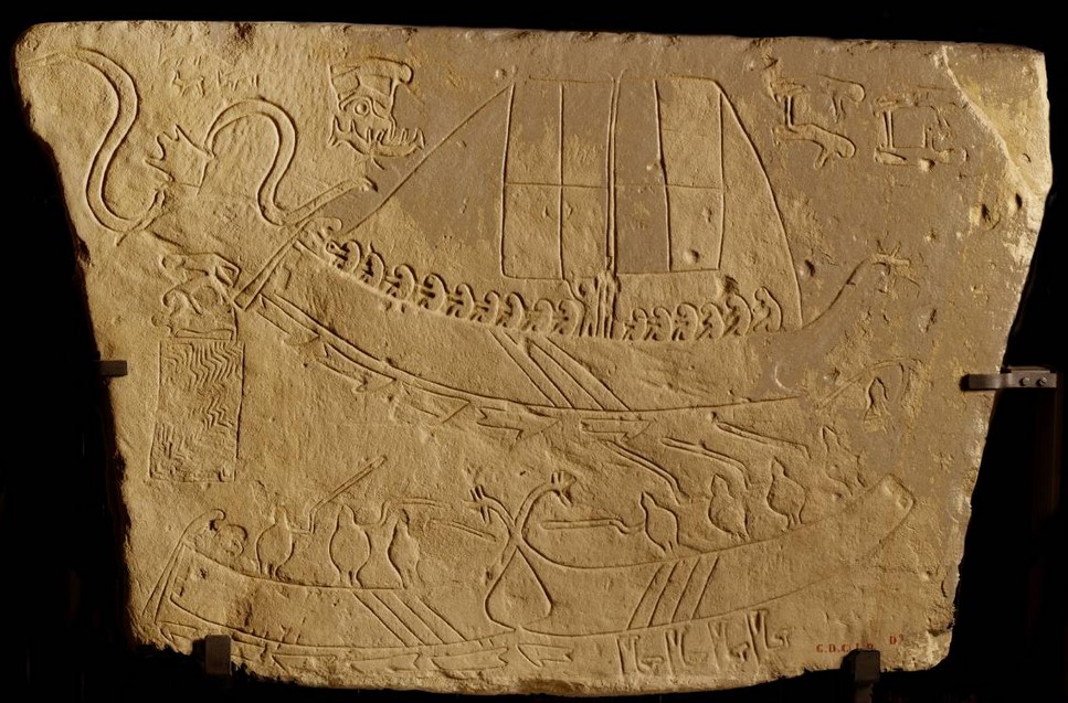 One notable stele from Novilara, dating to the 7th–6th century BCE, features a naval scene with a sailing ship, rowers in action, and a naval battle between two smaller vessels. The prows and sterns of all the ships are adorned with serpent-shaped elements, a celebrated example of Picene art.- Museo Archeologico Oliveriano, Pesaro, Italy