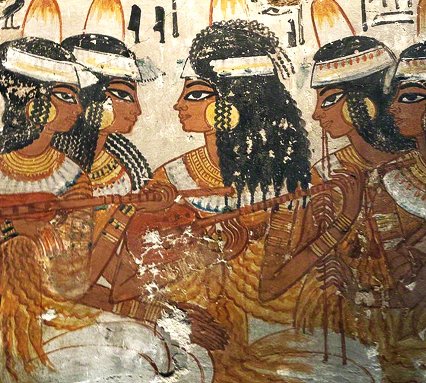 Egyptian lute players women with braided hair and ornamental headdress. Fresco found in Thebes, from the tomb of Nebamun, a nobleman in the 18th Dynasty of Ancient Egypt (c. 1350 BCE)