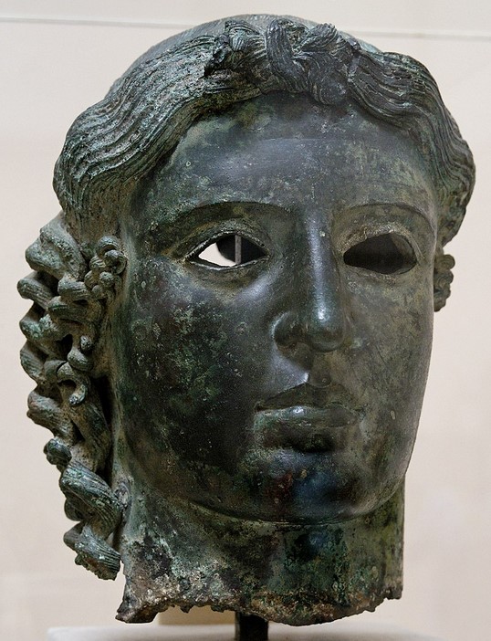 Apollo with hair knot on the forehead (krobylos). Bronze, Greek artwork, ca. 460 BC. Found in 1836 in Tamassos, Cyprus.