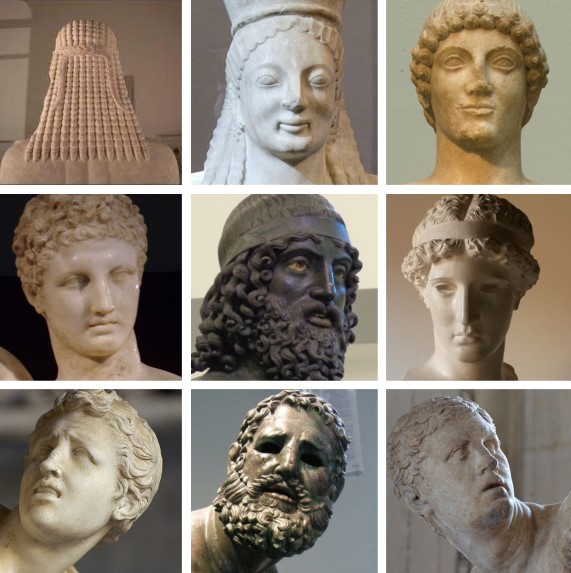 Some faces of the Greek sculpture: first line archaic age (VIII-VI c. BCE); second line classical age (480-323 BCE); third line hellenistic age (323-31 BCE). Archaic faces are simplified, symmetrical, not very expressive and often show a slight smile (called, in fact, archaic). The classic faces are more proportionate and have an indifferent or severe expression. The Hellenistic faces are much more expressive: they can be in pain, frightened or even asleep.