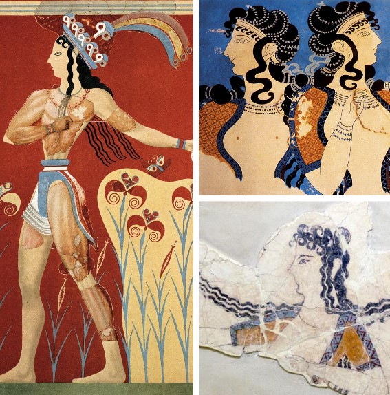 The frescoes of the palaces of Knossos and Phaistos depicted elegant hairstyles of Cretan women and men. Both showed curly hair, braided and then pinned to the nape with ribbons and beads, or left loose on the shoulders. In the upper right we see Minoan ladies with curls and locks of hair held by ribbons: fresco of the palace of Knossos.