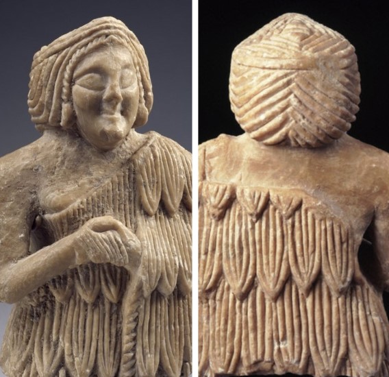 Bust of a female votive statuette (2,600-2,350 BC) - Princeton University Art Museuma tiara or a headband on top of the head. The back of the figurine shows the complexity of the hairstyle.