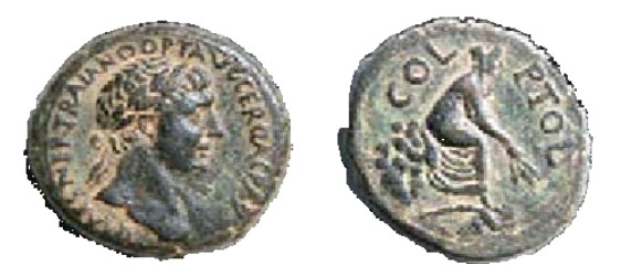 A coin from the reign of Trajan with the name of the colony.