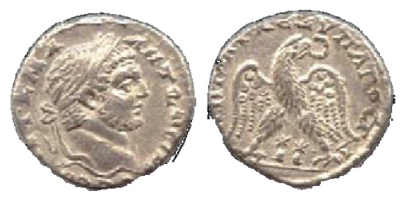 A tetradrachm of Caracalla. The Akko's mintmark is the caps of the Dioscuri.