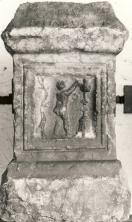 Sacred arula (altar) with an offering scene and inscription which the client Caius Seius Itharus dedicated to Minerva Augusta in the 1st century CE. Augusta, Maffeiano Museum, Verona, Italy.