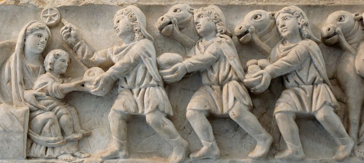 Adoration of the Magi. Panel from a Roman sarcophagus, 300-330 CE. From the cemetary of St. Agnes in Rome - Vatican Museums, Rome, Italy