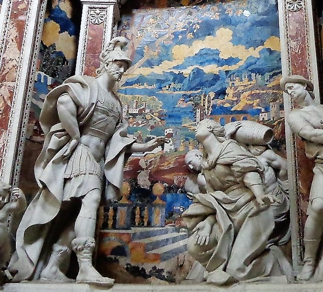 Group of statues: Ahab, his wife Gezebels and the vineyard of Nabot of Izreel, by Gioacchino Vitagliano (Palermo, 1669-1739, aged 70). Church of Jesus in Palermo, Italy