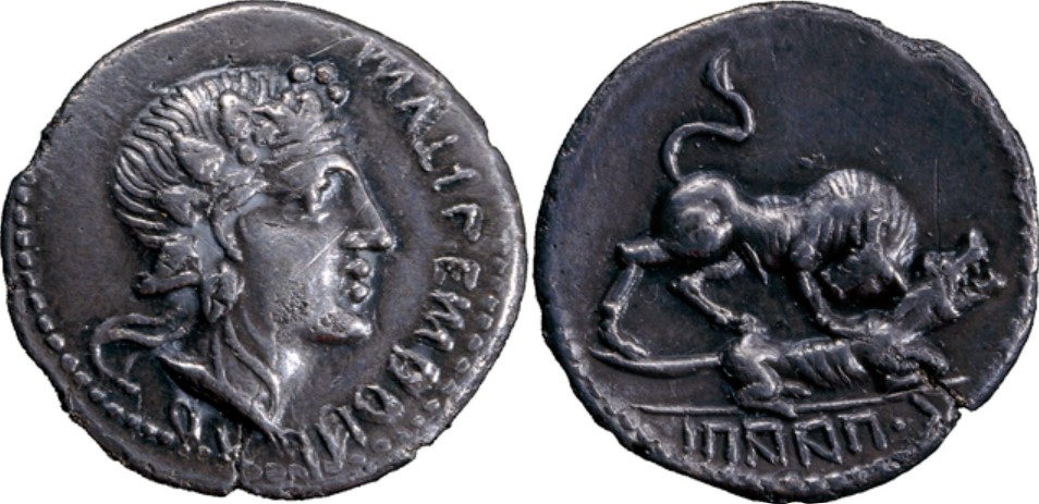 The Social War, 90 BCE. AR Denarius. Mint moving with Gaius Papius Mutilus. Head of Bacchus facing right, adorned with an ivy wreath; MUTIL EMBRATUR in Oscan on the right / A bull goring a wolf below; C PAAPI in Oscan in the exergue.