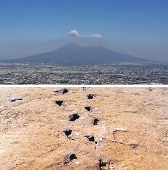 View of Acerra with Mount Vesuvius in the background and footprints in the ash left by a person fleeing the eruption of the Avellino Pumices.