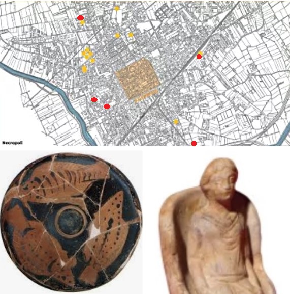 Map of the city of Acerra and its necropolises from the Hellenistic period (yellow) and Imperial period (red); a plate with fish motifs from the Hellenistic necropolis of Acerra, second half of the 4th century BCE; and a figurine on a throne from the Roman necropolis.