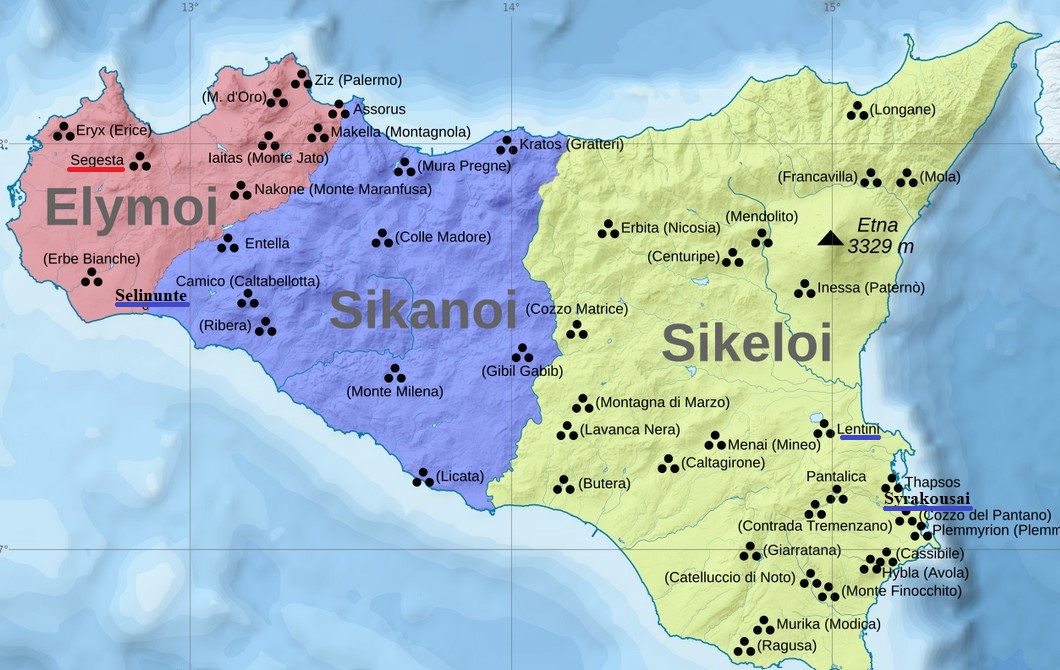 Approximate locations of the Elymians and their neighbors, the Sicani and the Sicels, in Sicily around 11th century BCE (before the arrival of the Phoenicians and the Greeks)