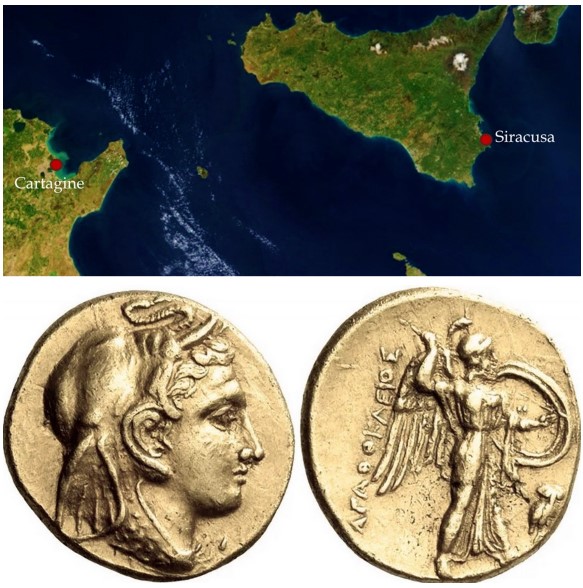 At the top is displayed the geographical position of Syracuse and Carthage (the journey of Agathocles from Sicily to Africa lasted 6 nights and 7 days); while at the bottom, a golden gold depicting the tyrant.