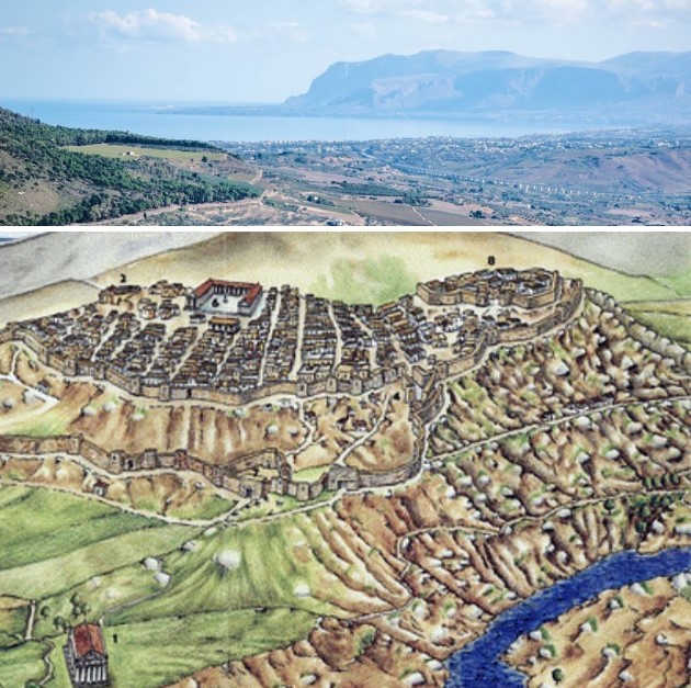 Graphical reconstruction of Segesta and current view of the sea from the ancient city.