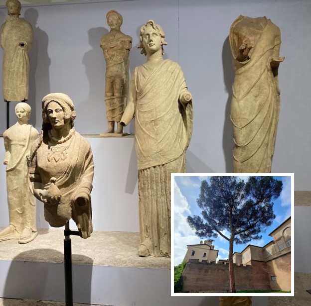Borghese Castle and terracotta votive statues found at the sanctuary of Lavinium, exhibited in the nearby Archaeological Museum of Lavinium (Pomezia), Italy