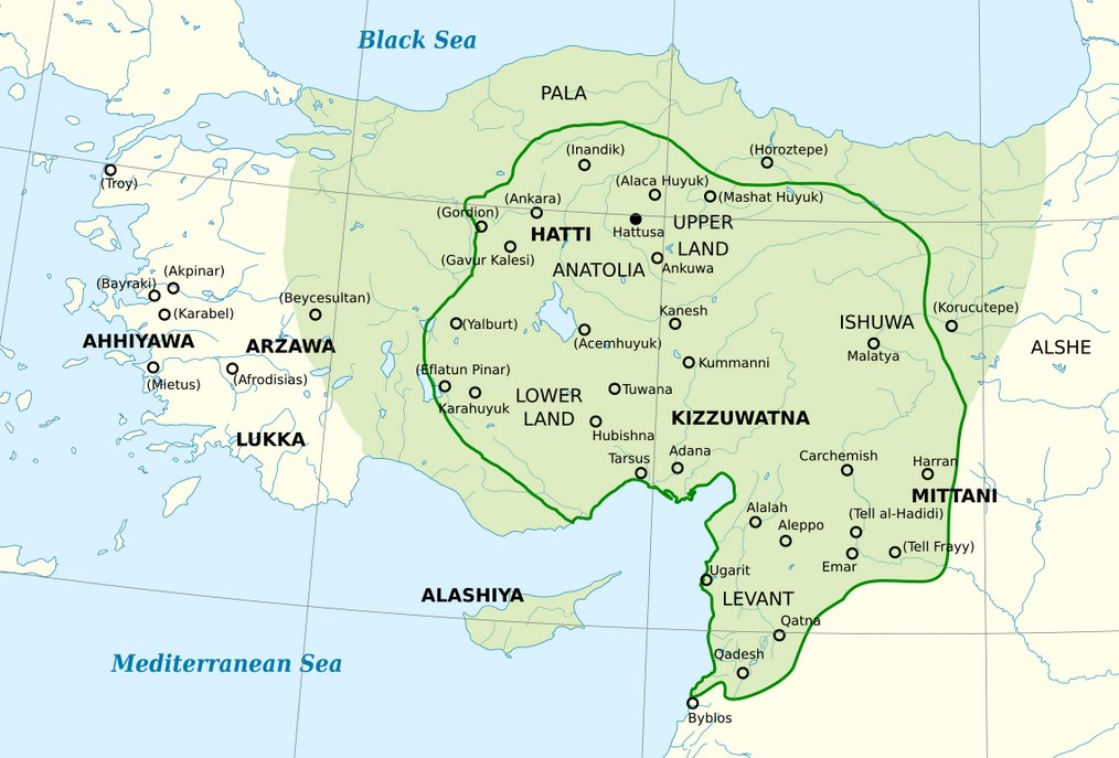 Map showing the Hittite Empire, Ahhiyawa (Achaeans) and Wilusa (Troy) in c. 1300 BCE