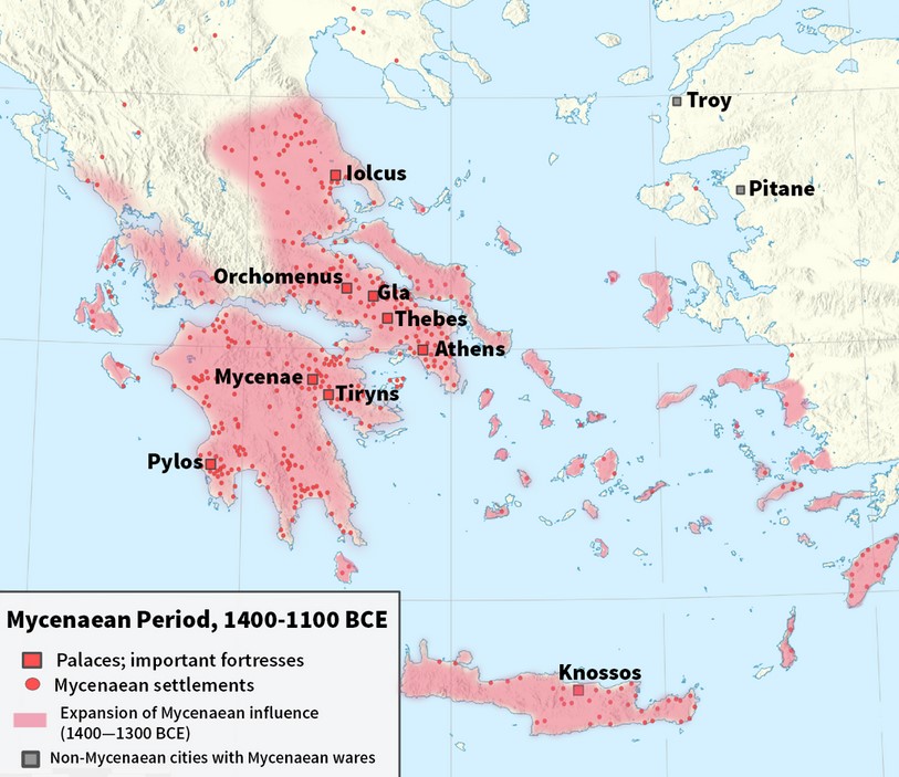 Map of Mycenaean cultural areas, 1400–1100 BC (unearthed sites in red dots)