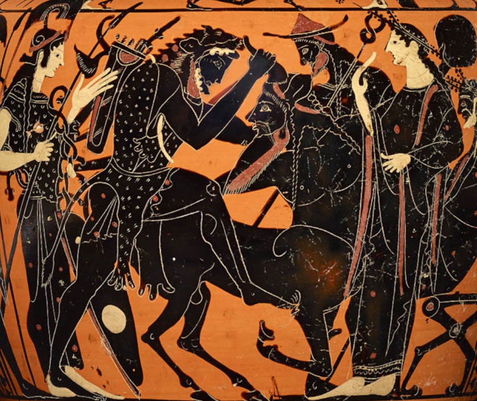 Heracles and Acheloos, hydria Attic black figure attributed to the Leagros Group (ca. 510 - 500 BCE) - British Museum, London