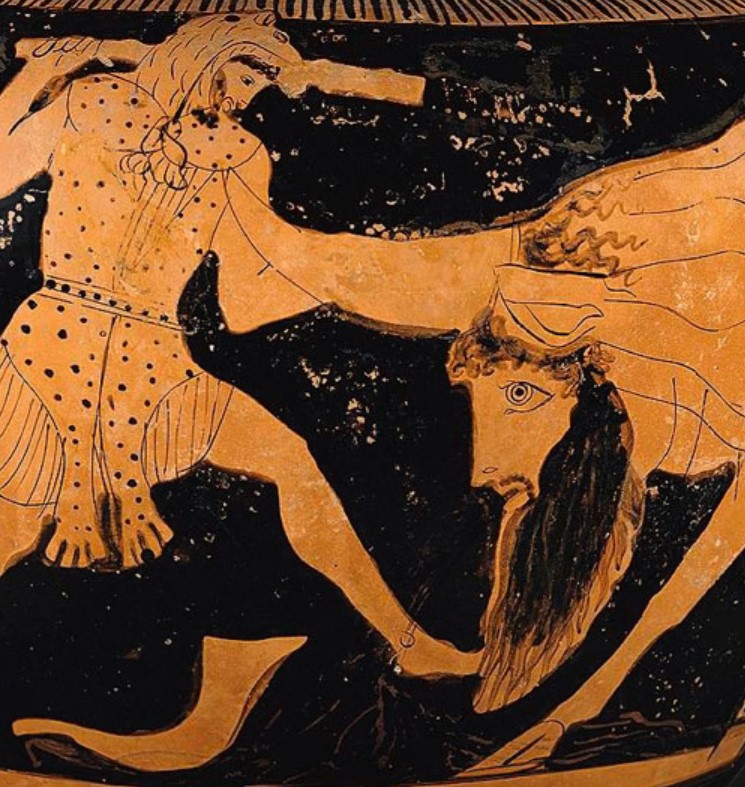 Herakles fighting the river-god Achelous for Deianeira. Acheloos appears to have the appearance of a bull with a human face. Side A from an Attic red-figure column-krater, ca. 450 BC. From Agrigento, Italy  - Louvre Museum, Paris.
