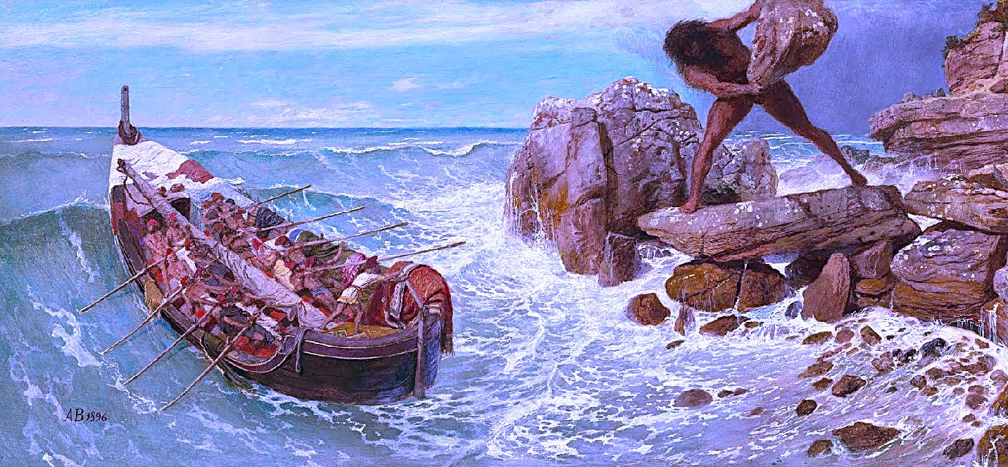 Odysseus and Polyphemus by Arnold Böcklin (1896-1896) - MFA Boston. Polyphemus throws the stones at Odysseus and his companions. According to legend these stones are the dentificabili with the island Lachea and the Faraglioni at Acitrezza