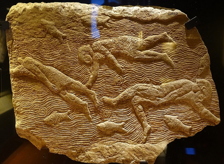 Relief from Ashurbanipal's palace depicting corpses floating down a river - The Egyptian Museum in Vatican Museums.