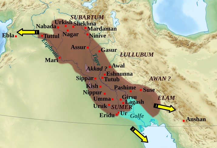 Map of the Near East showing the extent of the Akkadian Empire and the general area in which Akkad was located