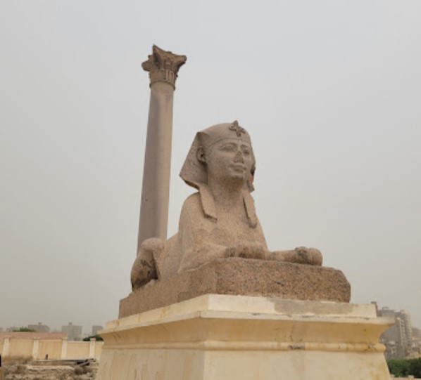 The Roman triumphal Pompey's pillar (it is one of the largest monolithic columns that have ever been erected) and a sphinx from the temple of the Serapis in Alexandria, Egypt. Alexandria was the commercial center of the Mediterranean.