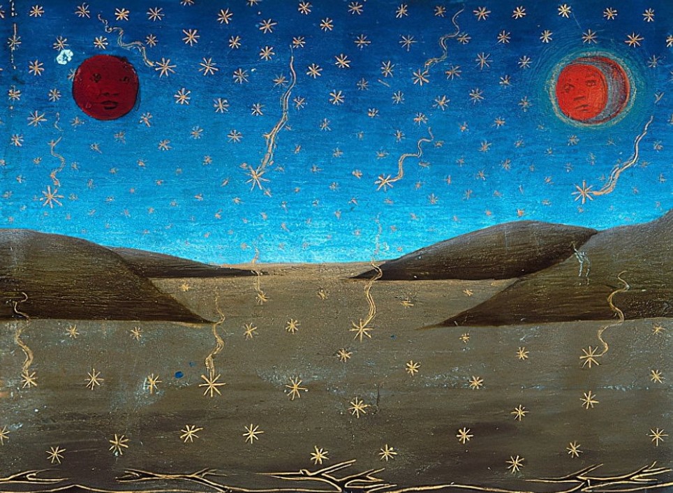 Death of the Sun, the Moon, and the fall of the stars (by Cristoforo de Predis, 15th century). Miniature from Stories of San Gioachino, Sant'Anna, Maria Vergine, Jesus, the Baptist and the end of the world (1476), made for Galeazzo Maria Sforza, now located in the National Library of Turin.