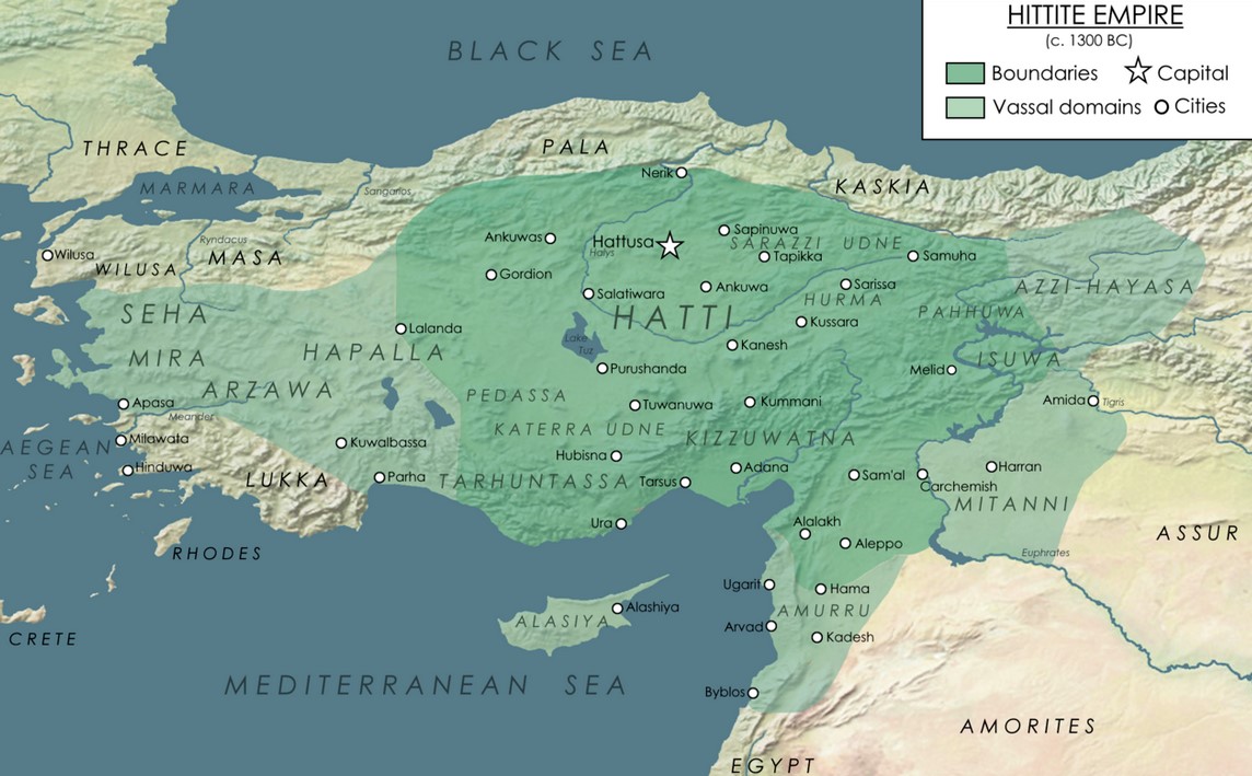 Map showing the expanse of Hittite Empire with it's vassals around the year 1300 BC.