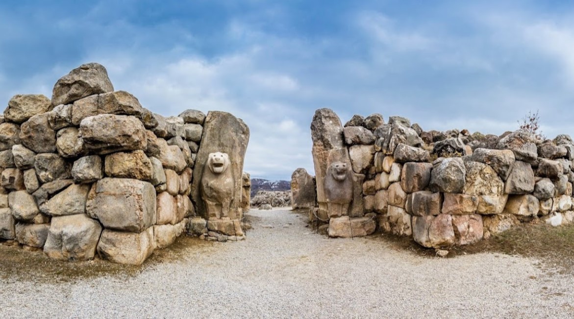The Lion Gate' before restoration and today, Hattusa, Turkey