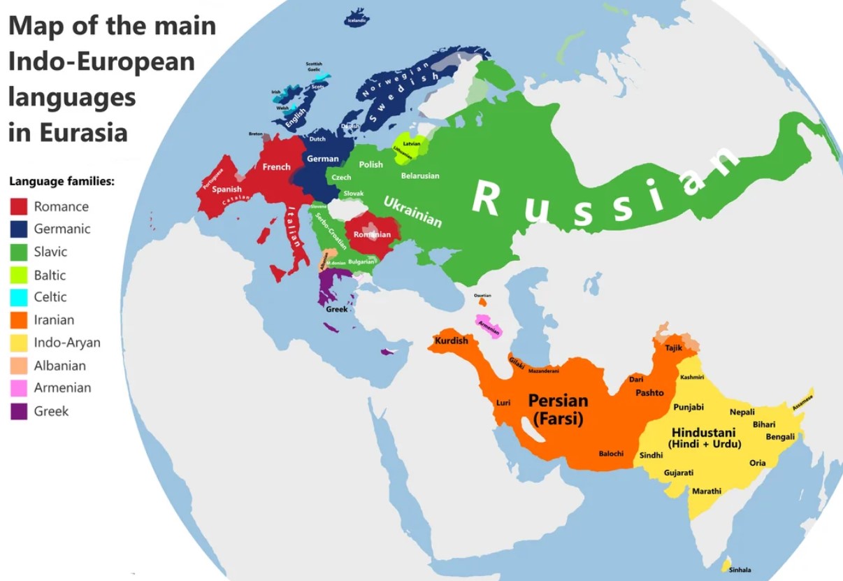 Distribution of Indo-European Language Family in Eurasia on the map 
