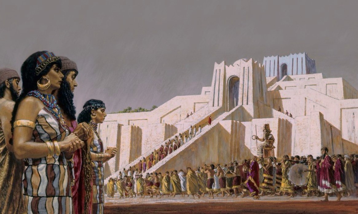 Reconstruction design in which it imagines the transport of a golden cult statue inside a ziqqurat, the typical Mesopotamian templar tower that rose up through declivity terraces, until hosting on the last a temple or templar cell, residence of a god.