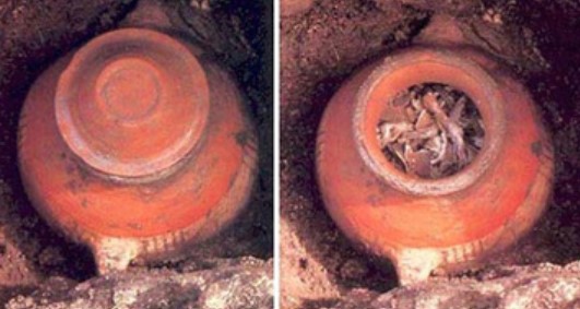 A terracotta funerary urn containing the charred remains of an infant. The Tophet of Carthage is a cemetery for infants in the ruins of the North African city of Carthage, now located in a suburb of Tunis. It was once located on the edge of ancient Carthage. The cemetery was used for over 600 years, between 730 BCE and 146 BCE, when was destroyed by the Romans.