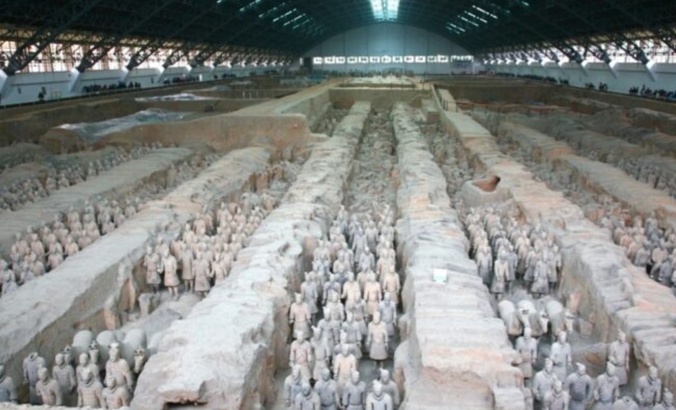 Thousands of terra-cotta soldiers were buried near the tomb of Qin Shi Huang, who died in 210 BCE, to protect him in his afterlife. Life-sized terra-cotta figures of warriors and horses were arranged in battle formations and are said to have distinct facial features, as if each one were modeled on a real figure.