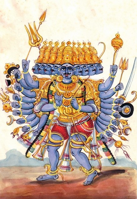 Ravana, indian god – Demon-King of Lanka (Sri Lanka). Watercolor-painting by an unknown artist around 1920. Ravana, the king of Lanka (1920). Demon of ten heads and twenty arms, Ravana is the bitter enemy of Rama and the main antagonist of the Ramayana.