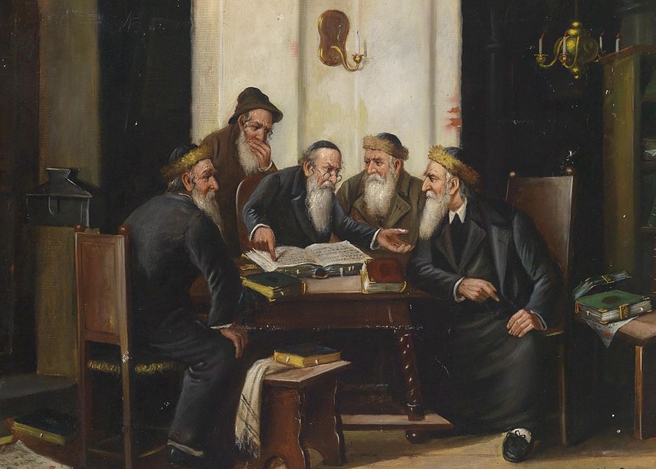 The study of the Talmud with pilpul. The Hour of the Talmud, oil on canvas by J. Sheich (1900 c.)